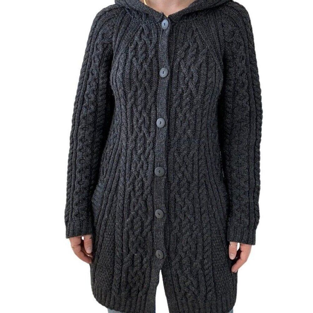 Inis Crafts Womens Charcoal Grey 100% Wool Irish Fisherman Hooded Cardigan Sz L